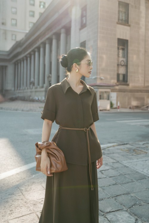 Sixdo Dark Brown Woven Flared Skirt